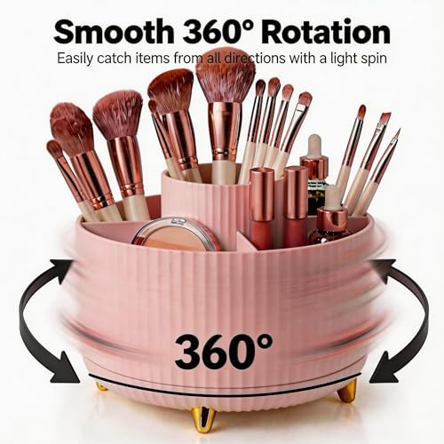 360 Rotating Makeup Brush Holder Organizer, 5-Slot Pink Spinning Cup for Women, Vanity Desk & Bathroom Storage for Cosmetics and Beauty Tools Accessories