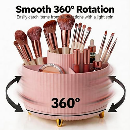 360 Rotating Makeup Brush Holder Organizer, 5-Slot Pink Spinning Cup for Women, Vanity Desk & Bathroom Storage for Cosmetics and Beauty Tools Accessories