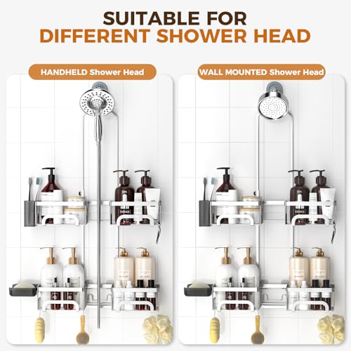 REINHARDT Split Shower Caddy Hanging for Handheld Showerheads, Silver | Adjustable Shower Organizer, Rustproof, 16 Hooks, Soap Holder, 40lbs Capacity, Anti-Slip, Tool-Free, Bathroom Accessories - color: Silver