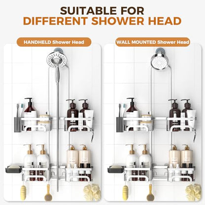 REINHARDT Split Shower Caddy Hanging for Handheld Showerheads, Silver | Adjustable Shower Organizer, Rustproof, 16 Hooks, Soap Holder, 40lbs Capacity, Anti-Slip, Tool-Free, Bathroom Accessories - color: Silver