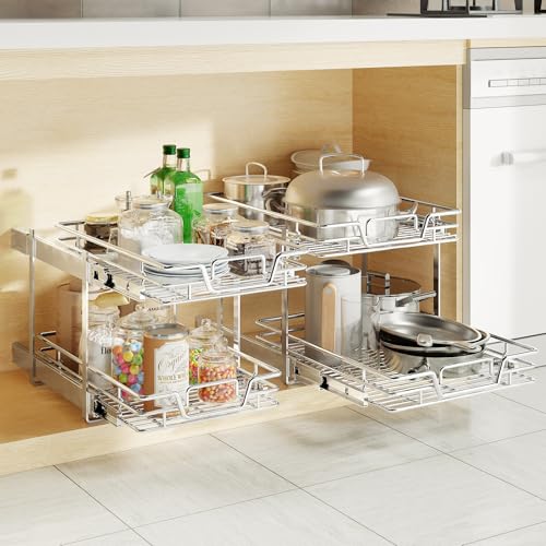 2-Tier Kitchen Cabinet Pull Out Shelf and Drawer Organizer Slide Out Pantry Storaqe Basket in Multiple Sizes (21" W x 21" D,) - size: 21" W x 21" D,