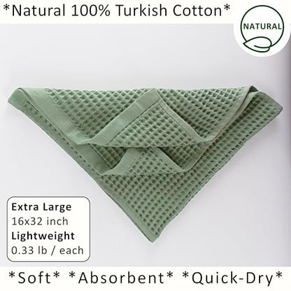 PÜSKÜL Natural 100% Turkish Cotton Waffle Hand and Kitchen Towels Set of 3 | Sage Green, Large 32x16 inc, Honeycomb-Waffle weave towel for bathroom & kitchen. Premium quality oeko-tex made in Turkey. - color: Sage Green, size: Kitchen & Hand Towels Pack o