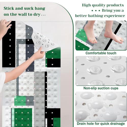 Green Black Bath Tub Mat Non Slip, Modern Geometric Large Washable Shower Mats with Drain Holes and Suction Cups,40 X 16 Inch - color: Green Black