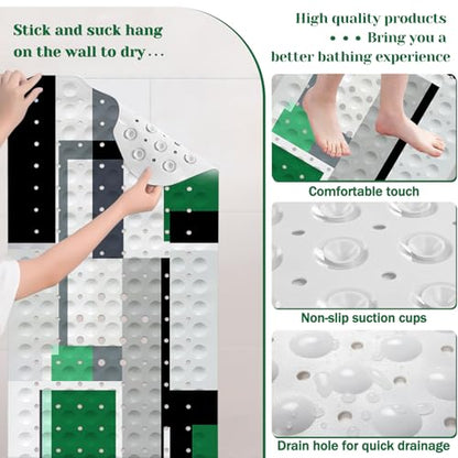 Green Black Bath Tub Mat Non Slip, Modern Geometric Large Washable Shower Mats with Drain Holes and Suction Cups,40 X 16 Inch - color: Green Black