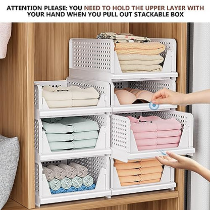 4 Pack Folding Closet Organizers Storage Box, Stackable Storage Bins, Plastic Drawer Basket Closet Storage for Wardrobe Cupboard Kitchen Bathroom Office White-4L | White Stackable Plastic Drawer Bins for Closets, Wardrobes, Kitchens, Bathrooms, Offices -