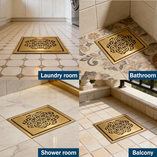 6 Inch Shower Drain, Square Shower Floor Drain Kit with Flange and Removable Cover Grate, AISI 304 Stainless Steel, Brushed Gold - color: Brushed Gold, size: 6 inches