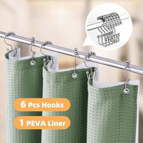 LaCyan Waterproof Waffle Shower Curtain, 258GSM Heavy Duty 3 Piece Set with Clear Liner and 6 Stainless Steel Hooks, Polyester Fabric Shower Curtains for Bathroom, Machine Washable, 36x72 Inch, Green - color: Green, size: 36"W x 72"L (Pack of 1)
