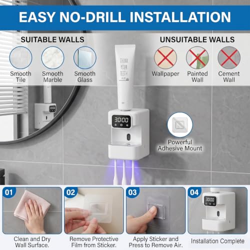 Wall-Mounted Automatic Toothpaste Dispenser, Toothbrush Cleaner with Sensor-Activated Design, Toothbrush Holder with Removable Slots & Smart Display, Toothpaste Dispenser for Kids & Adult (White2.0) - color: White2.0