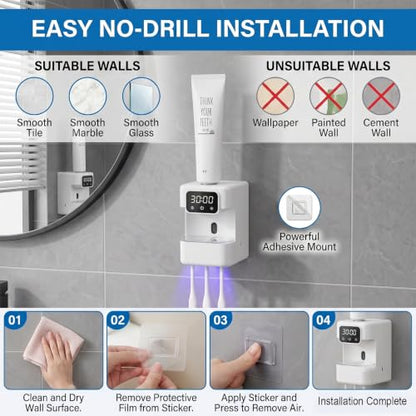 Wall-Mounted Automatic Toothpaste Dispenser, Toothbrush Cleaner with Sensor-Activated Design, Toothbrush Holder with Removable Slots & Smart Display, Toothpaste Dispenser for Kids & Adult (White2.0) - color: White2.0