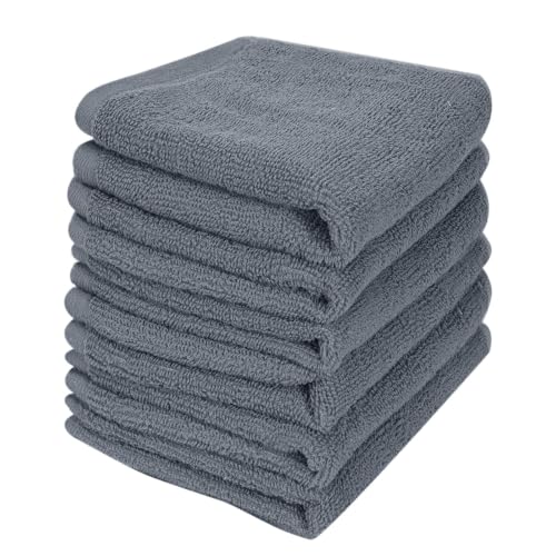6 Pack 100% Cotton Wash Cloth, 12x12 Inch, Grey | Highly Absorbent, Soft Feel Fingertip Towels, Machine Washable, For Bathroom, Gym, Hotel, Spa and Kitchen