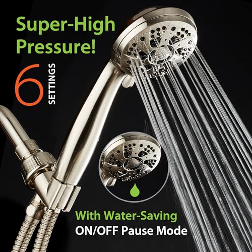 AquaDance High Pressure 6-Setting Full Brushed Nickel Handheld Shower Head with Stainless Steel Hose. Officially Independently Tested to Meet Strict US Quality & Performance Standards! | Anti-clog Jets, Premium Stainless Steel Hose & Adjustable Bracket fo