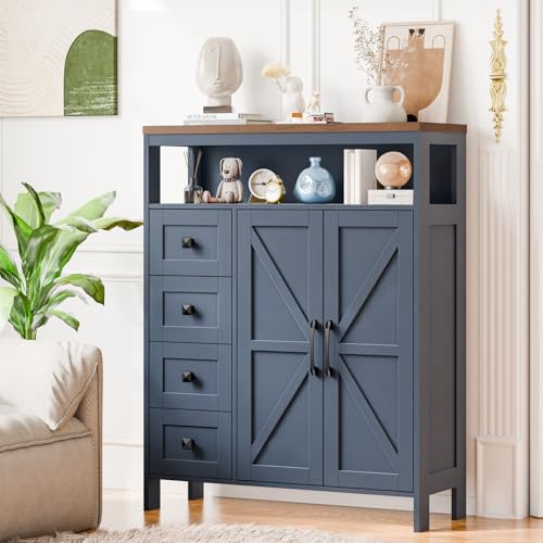 Vabches Farmhouse Storage Cabinet with 2 Doors and 4 Drawers, Blue | Freestanding Bathroom Compartment Kitchen Pantry Cabinet, Floor Cupboard for Kitchen/Living Room/Bathroom - color: Blue, style: 4 Drawers Ⅱ