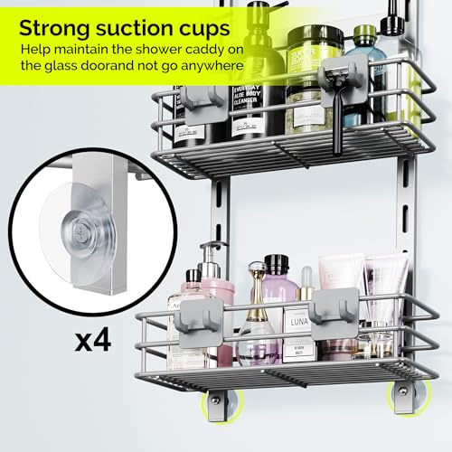 Orimade Over The Door Shower Caddy Adjustable 3 Tier Silver,Bathroom Hanging Organizer Shelf Rustproof with 4 Hooks,Shower Basket with Soap Holder and Suction Cup - color: Silver Grey-3T