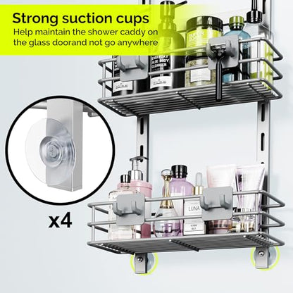 Orimade Over The Door Shower Caddy Adjustable 3 Tier Silver,Bathroom Hanging Organizer Shelf Rustproof with 4 Hooks,Shower Basket with Soap Holder and Suction Cup - color: Silver Grey-3T