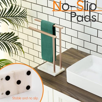 Hand Towel Bars for Bathroom Vanity Countertop 2-Tier Towel Rack Holders Stand with Heavy Marble Base Thicken Steady, Champagne Bronze Stainless Steel AN7003CPG - color: Champagne Bronze, size: 2-Bar