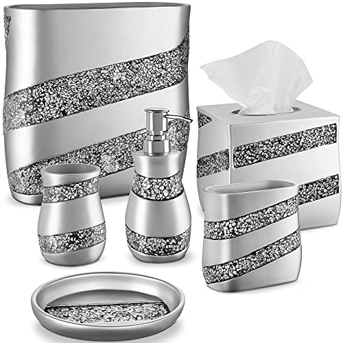 Creative Scents Silver Mosaic 6 Piece Bathroom Accessories Set | Includes Trash can, Tissue Box Cover, Soap Dispenser, Toothbrush Holder, Tumbler Cup & Soap Dish