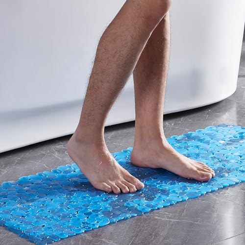 Webos Bath Shower Mat Non Slip: Extra Large Pebble Bathtub mat for Families, Anti Slip Shower Matt with Drain Holes Suction Cups Tub Mat - 16 X 40 Inch Clear Blue - color: Pebble Clear Blue