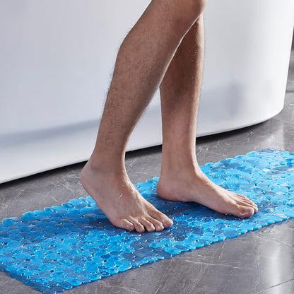 Webos Bath Shower Mat Non Slip: Extra Large Pebble Bathtub mat for Families, Anti Slip Shower Matt with Drain Holes Suction Cups Tub Mat - 16 X 40 Inch Clear Blue - color: Pebble Clear Blue