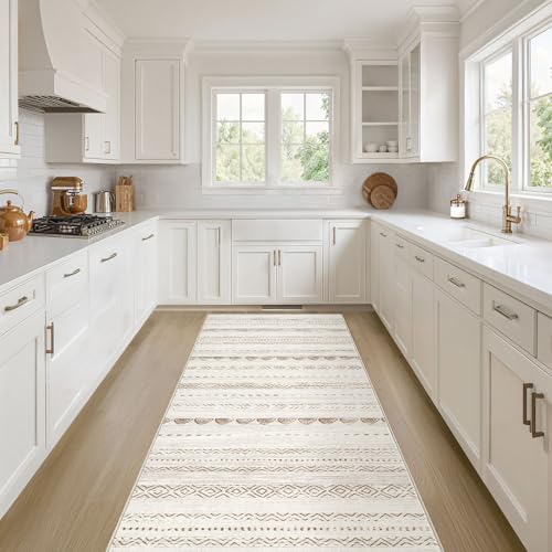 Nakagishi Runner Rug Kitchen Washable Rugs: 3x8 Non-Slip Boho Soft Modern Stain Resistant Indoor Floor Neutral Farmhouse Throw Carpet for Hallway Bathroom Laundry Room Entryway Bedroom- Brown - color: Beige Brown, size: 3' X 8' (Runner)
