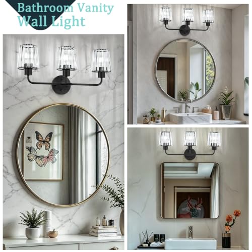 Black Vanity Lights, 3-Light Crystal Bathroom Light Fixtures | Modern Bathroom Vanity Light E26 Wall Light over Mirror (Exclude Bulb) - color: Black, size: 3-Light