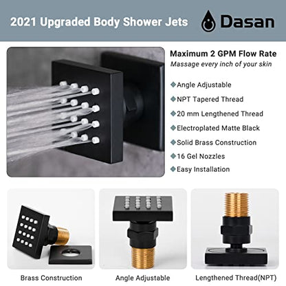 Full Body Rain Shower System with 4 Body Shower Jets & 12’’ Wall Mount Rainfall Shower Head & Handheld, DASAN Multi Shower Head System Matte Black Rain Shower Faucets sets Combo with Rough-in Valve - color: Matte Black