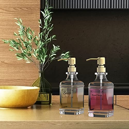 GLADPURE Soap Dispenser - 2 Pack, 18 Oz Antique Design Thick Glass Hand Soap Dispensers; with 304 Rust Proof Stainless Steel Pump, 6Pcs Clear Stickers, for Kitchen, Bathroom - Gold - color: Gold