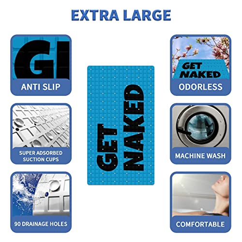 FCZ Bath Tub Mat Non Slip Shower Mat Get Naked Blue Extra Long 26.8x15 inches Rectangular PVC Mat with Suction Cups Drain Holes Machine Washable - color: Get Naked Blue