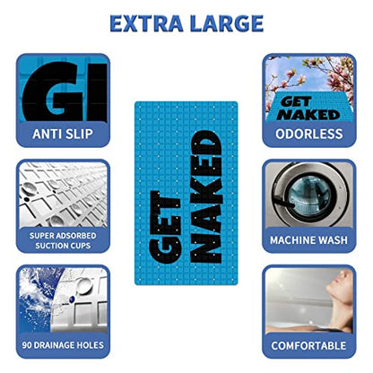 FCZ Bath Tub Mat Non Slip Shower Mat Get Naked Blue Extra Long 26.8x15 inches Rectangular PVC Mat with Suction Cups Drain Holes Machine Washable - color: Get Naked Blue
