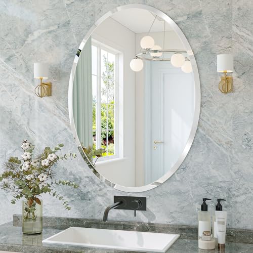 Frameless Oval Mirror, 22"x30" Beveled Bathroom Vanity Mirrors | 20mm beveled edge, 5mm HD glass, frameless, anti-rust, shatterproof, french cleat, horizontally or vertically - size: 22"L x 30"W