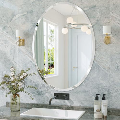 Frameless Oval Mirror, 22"x30" Beveled Bathroom Vanity Mirrors | 20mm beveled edge, 5mm HD glass, frameless, anti-rust, shatterproof, french cleat, horizontally or vertically - size: 22"L x 30"W