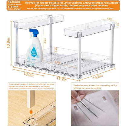 2 Pack 14.6″ Deep Pull Out Under Sink Organizer,10.8″ High 2 Tier Slide Out Cabinet Organizer for Kitchen Cabinet,Undersink Organizers,Under Sink Shelves,Bathroom Organizers and Storage,Clear - size: 10.8 In High