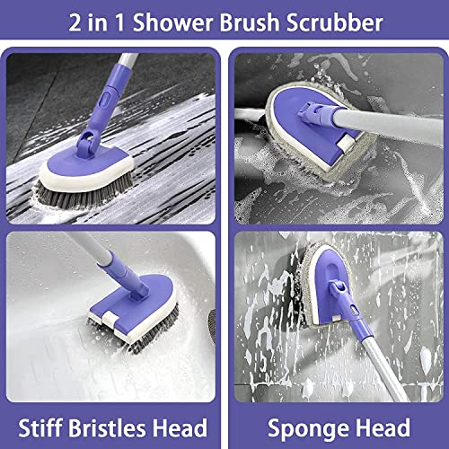 Tile Tub Scrubber Brush, Shower Scrubber Cleaning Brush with Long Handle | 2 Detachable Cleaning Heads, 180° Swivel Head for Cleaning Bathroom Kitchen Wall Tub Tile Shower