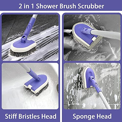 Tile Tub Scrubber Brush, Shower Scrubber Cleaning Brush with Long Handle | 2 Detachable Cleaning Heads, 180° Swivel Head for Cleaning Bathroom Kitchen Wall Tub Tile Shower