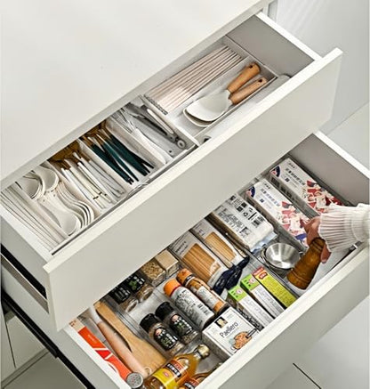 Retractable Drawer Storage Box - 6 Detachable Dividers with 2.04 Inch Shallow Drawer Height PET for Kitchen Utensils, Cosmetics, Office Supplies Storage (10.43 Inch L,20.27 Inch) - color: White