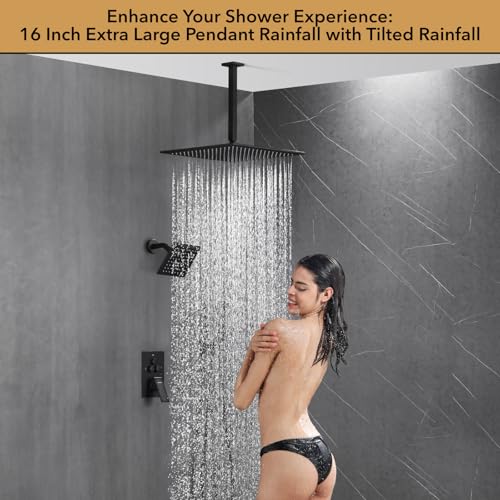VANFOXLE Shower System, Matte Black Shower Faucet Set, Push Button Diverter | 16 Inch Ceiling Mount Rain Head, 6 Inch Wall Mount Head, 2-in-1 Handheld Sprayer, Solid Brass Valve, Rust Resistant - color: Matte Black, style: 16"+6" Head