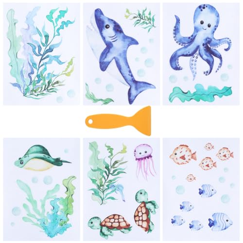 6 Pages Non Slip Bathtub Stickers Bulk Bathtub Sea Stickers with Scraper Plastic Adhesive Cartoon Ocean Animal Slippery Floor Decal for Shower and Bath Tub Home Decorations DIY Crafts Gift - style: Ocean