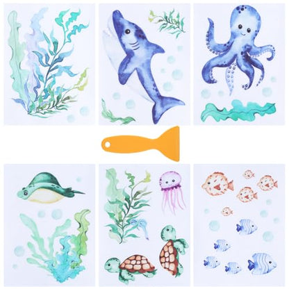 6 Pages Non Slip Bathtub Stickers Bulk Bathtub Sea Stickers with Scraper Plastic Adhesive Cartoon Ocean Animal Slippery Floor Decal for Shower and Bath Tub Home Decorations DIY Crafts Gift - style: Ocean