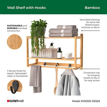 ClosetMaid Bamboo Wall Shelf with Towel Bar, 3 Hooks, Wall Mount Storage Shelves, 2 Tier, Organizer Rack, Natural Finish - style: 2-Tier