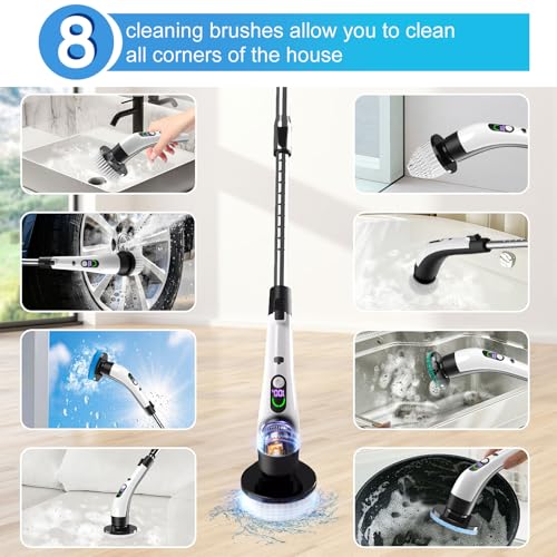 Electric Spin Scrubber with Power LCD Display, Cordless Bathroom Cleaning Brush with Adjustable Extension Handle, 400RPM/Mins, 9 Replaceable Brush Heads, IPX7 Waterproof for Shower, Bathtub, Tile - style: Long Handle