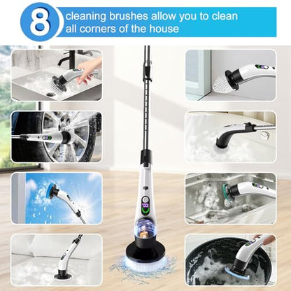 Electric Spin Scrubber with Power LCD Display, Cordless Bathroom Cleaning Brush with Adjustable Extension Handle, 400RPM/Mins, 9 Replaceable Brush Heads, IPX7 Waterproof for Shower, Bathtub, Tile - style: Long Handle