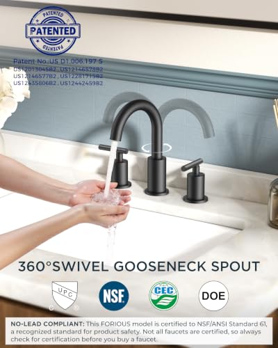 FORIOUS Widespread Black Bathroom Faucet 3 Hole, Matte Black Vanity Faucet | Commercial 8 Inch Matte Black Bathroom Sink Faucet Widespread with 360° Swivel Spout, 3 Hole Black Faucet for Bathroom Sink - color: Matte Black, style: Modern
