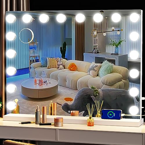Gvnkvn Vanity Mirror with Lights, 32 x 24 Tabletop Hollyhood Makeup Mirror, Hollywood Lighted Mirror with 18 Dimmable LED Bulbs,3 Colors Modes,Touch Control,Metal Frame, - color: 18 Bulbs White, size: 24"L x 32"W