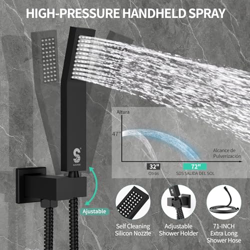 SR SUN RISE 10 Inch All Metal Square Shower System with Tub Spout, Tub Shower Faucet Set, High Pressure Rain Shower Head and Handheld Sprayer Shower Fixtues, Valve Included, Matte Black - color: Matte Black, size: 10 Inch