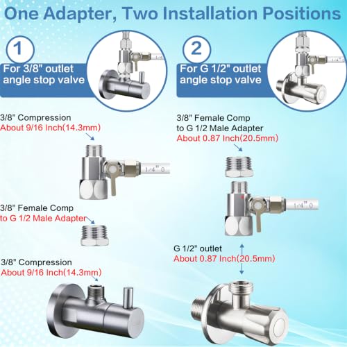 Jingzan Feed Water Adapter Kit, G1/2 Female x 3/8" Compression Male x 1/4" Push-to-Connect, with 3/8" Compression Female to G1/2 Male and 1/4" to 3/8" OD Tube Adapter, for RO, Refrigerator, Ice Maker