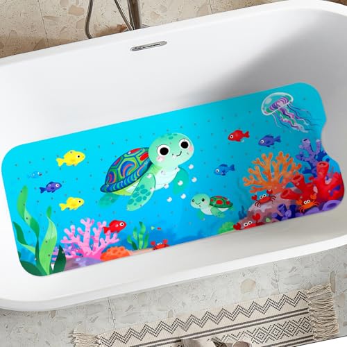 Bath Mat for Tub, Bathtub Mat for Kids Adults, Anti Slip, 40"x16" Extra Long, Suction Cup for Strong Grip, Eco Friendly, Easy Clean,Under The Sea Design (Light Blue) - color: Light Blue
