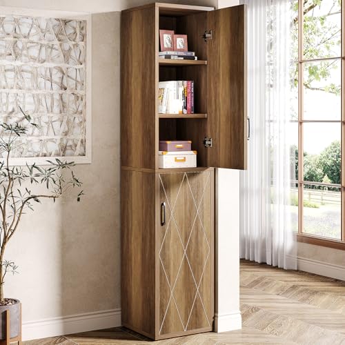 Tribesigns 75" Tall Narrow Storage Cabinet, 15 Inch Wide Wood Kitchen Pantry Cabinet with Doors and 6 Shelves, Free Standing Utility Cabinet for Bathroom, Small Space, Laudry, Brown