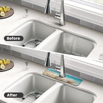 Beach Starfish Seashell Shell Summer Kitchen Sink Splash Guard Faucet Mat Super Absorbent Fast Drying Mat Sink Gadgets-Fast Drying Pad Sink Mat For Kitchen Bathroom (15" X 5.5" ) - color: Beach Starfish Seashell