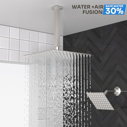 Enga Dual Shower Head Shower System with Body Jets, 12" Ceiling Mounted Rain Shower Head & 6" Wall Mounted Head Full Body Rainfall Shower Faucet with Valve Kit, Brushed Nickel - color: Brushed Nickel, style: Ceiling-12"+6"+Jets