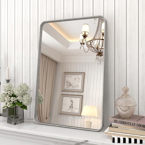 16x24 Inch Brushed Nickel Bathroom Vanity Mirror | Silver Metal Framed Mirror, Rounded Rectangle, Anti-Rust, Shatterproof, Hangs Horizontally or Vertically - color: Silver, size: 24"L x 16"W