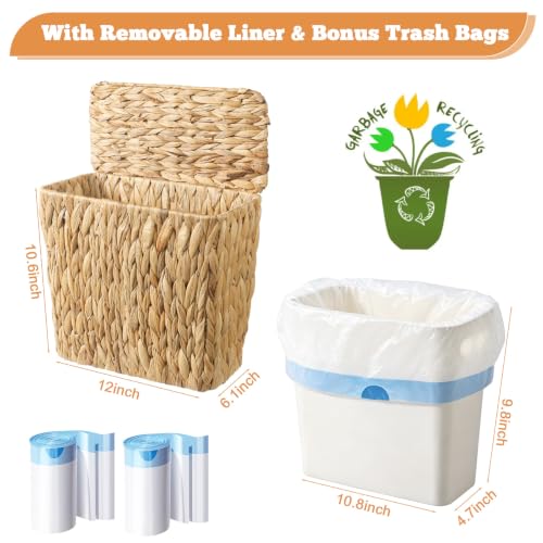 TINSKY Wicker Trash Can with Lid Boho Rattan Small Bathroom Waste Basket | 2.5 Gallon Removable Liner, Handwoven Water Hyacinth, Narrow Rattan Trash Can for Bedroom Office Kitchen Decor
